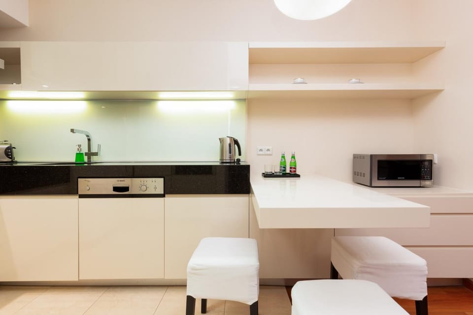 Kitchen or kitchenette, stove