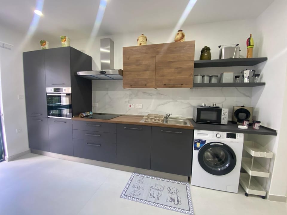 Kitchen or kitchenette, dishwasher, oven, stove, toaster, washing machine
