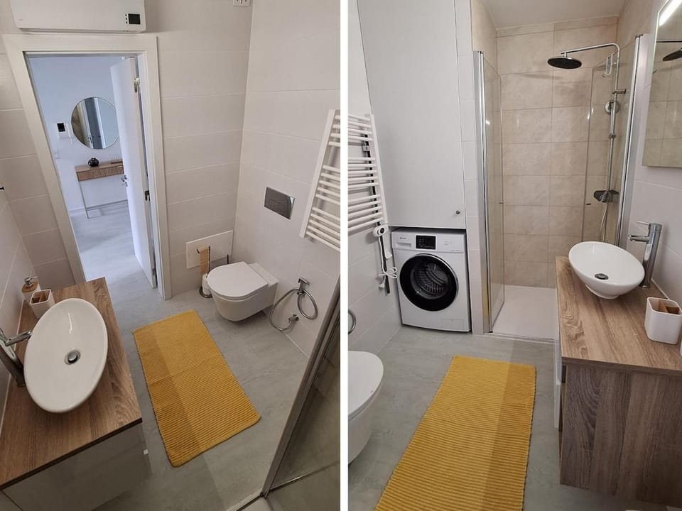 Shower, Toilet, Bathroom, bidet, towels, washing machine