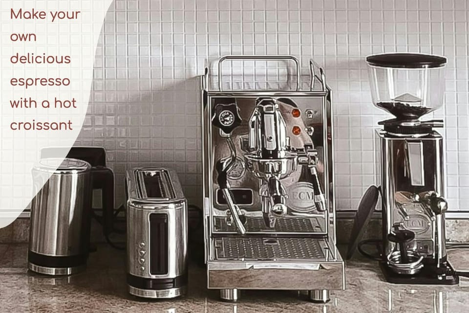 Coffee/tea facilities, Kitchen or kitchenette, Text overlay, toaster