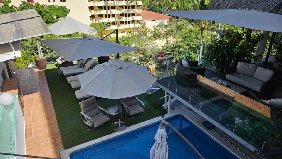 View (from property/room), Balcony/Terrace, Pool view, Swimming pool