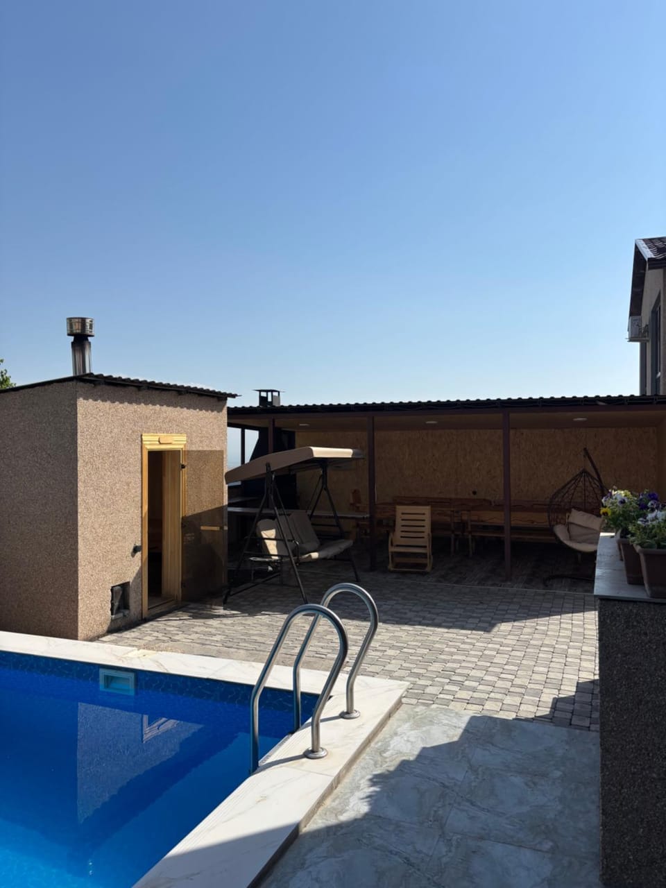 Sauna, Pool view, Swimming pool, sunbed