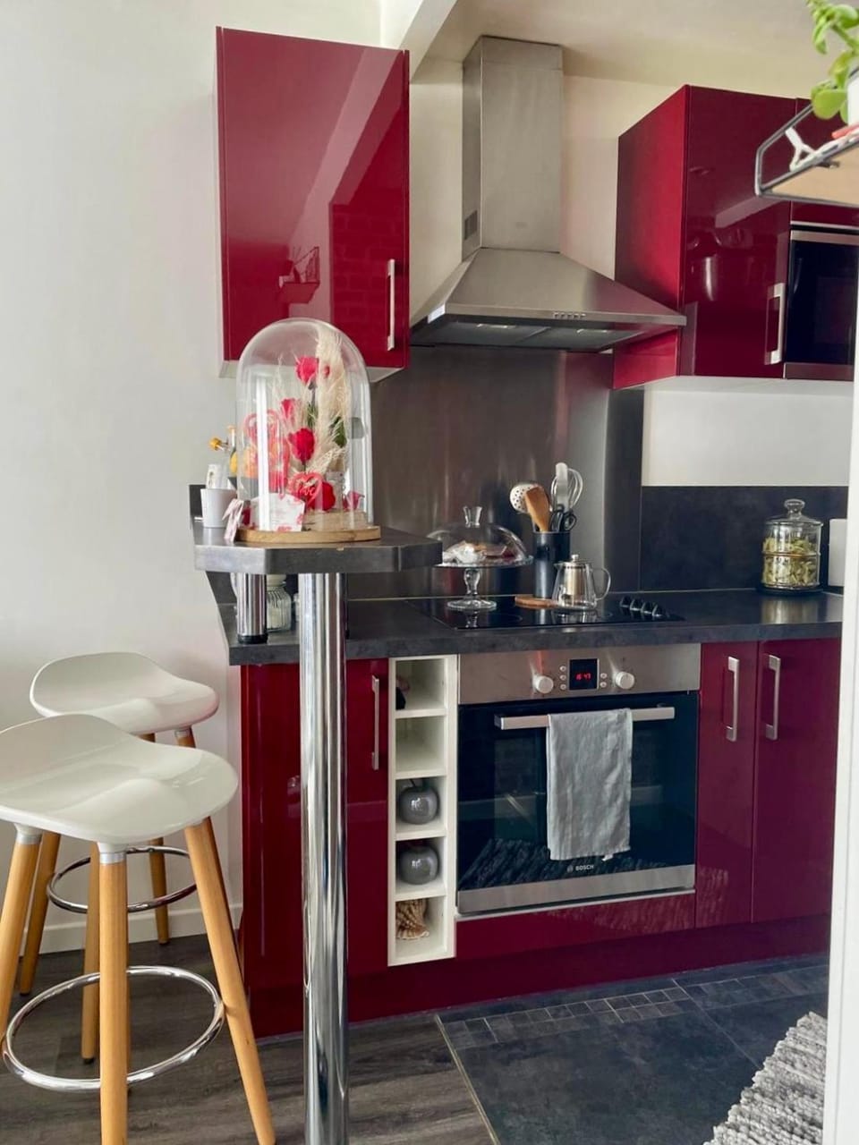 Kitchen or kitchenette, stove