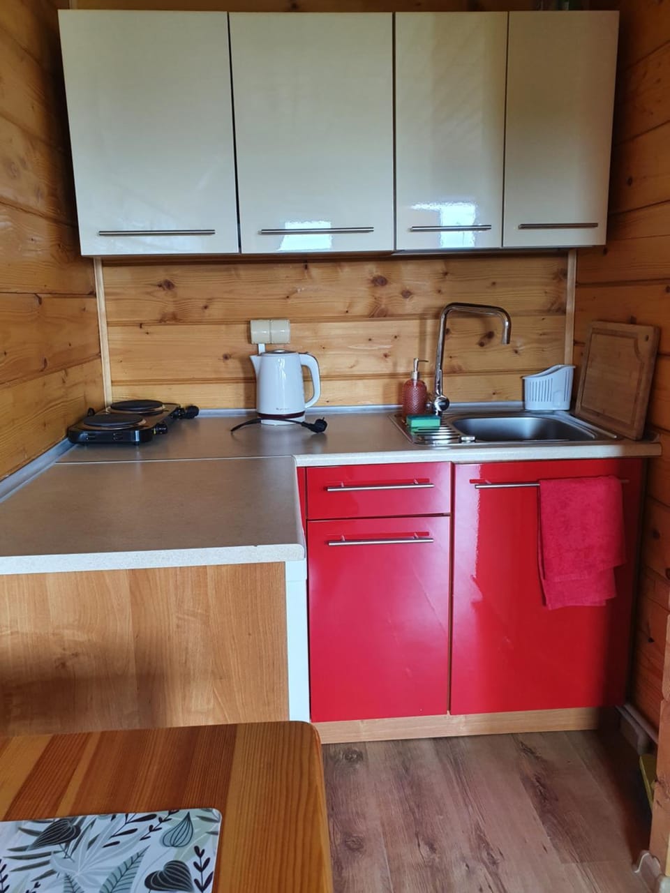 Kitchen or kitchenette, microwave, stove