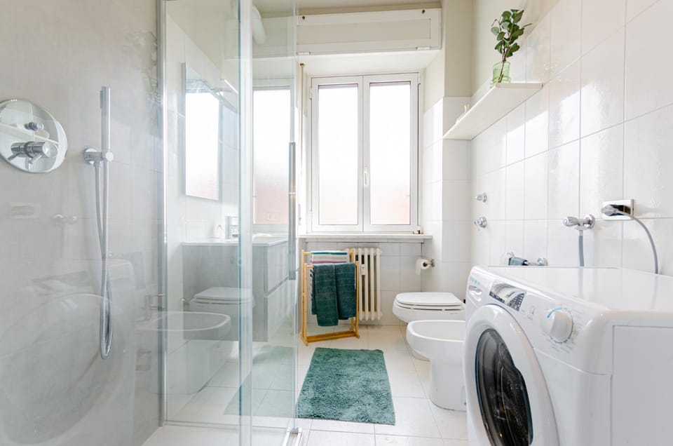 Shower, Toilet, Bathroom, bidet, towels, washing machine