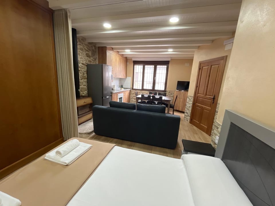 Bed, TV and multimedia, Kitchen or kitchenette, Living room, Photo of the whole room, Seating area, Bedroom, towels, wardrobe