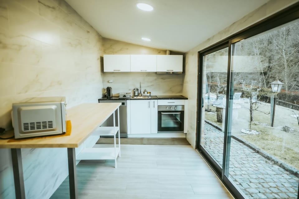 Kitchen or kitchenette, minibar, oven, stove, toaster