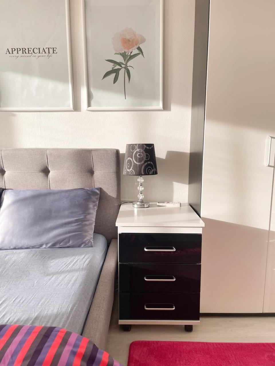 Bed, wardrobe