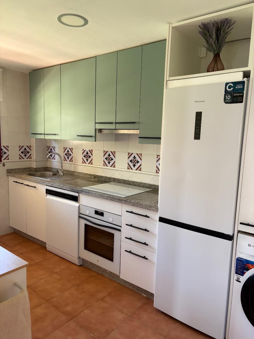 Kitchen or kitchenette, dishwasher, oven, stove