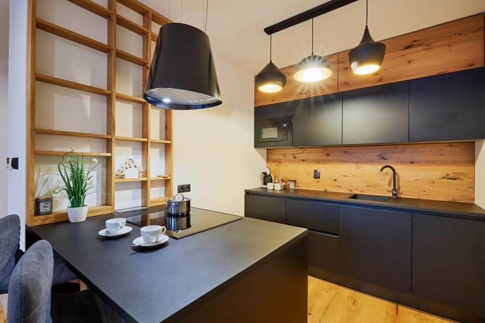 Kitchen or kitchenette, stove