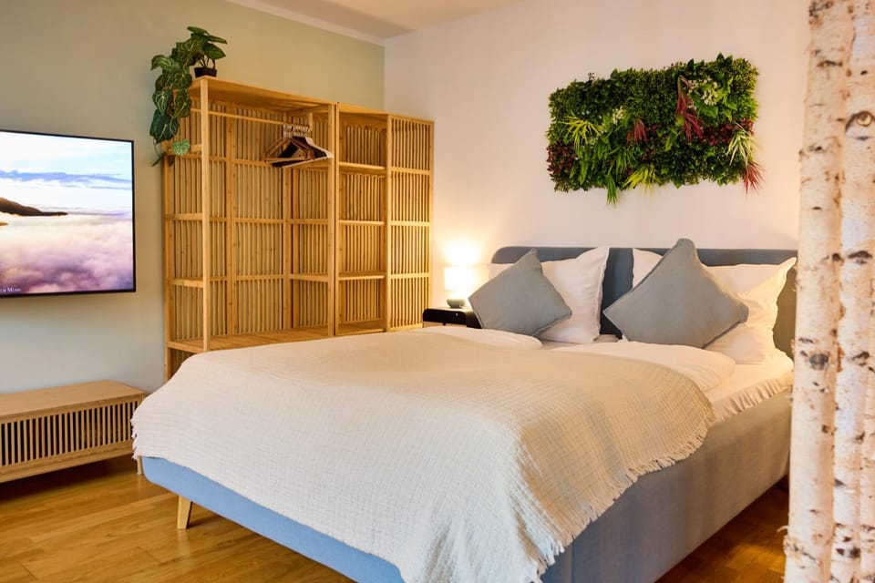 Bed, wardrobe