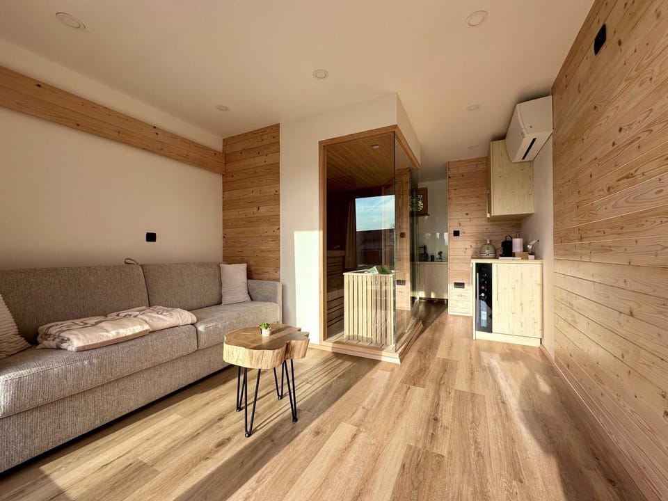 Sauna, Kitchen or kitchenette, Living room, Seating area, air conditioner