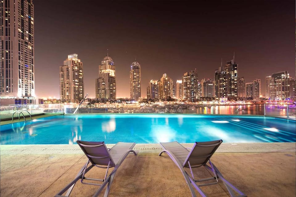 Night, City view, Swimming pool