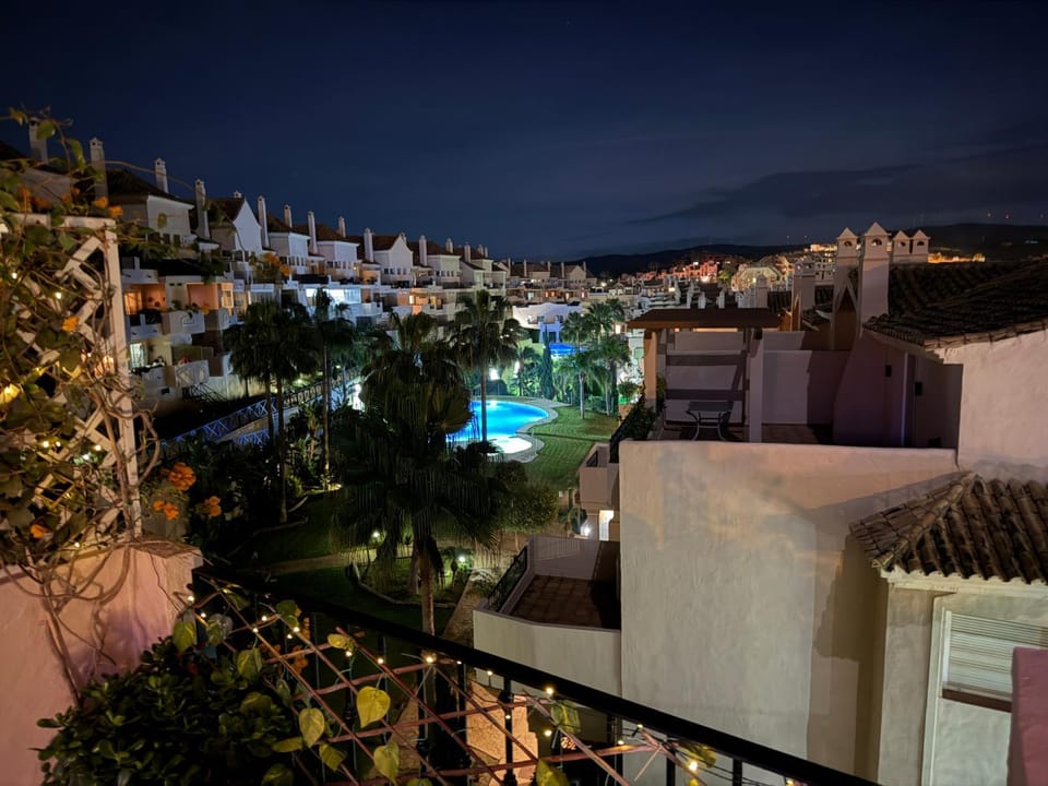 Night, View (from property/room), Balcony/Terrace, Swimming pool