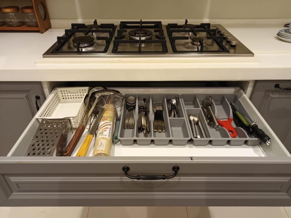Kitchen or kitchenette, stove