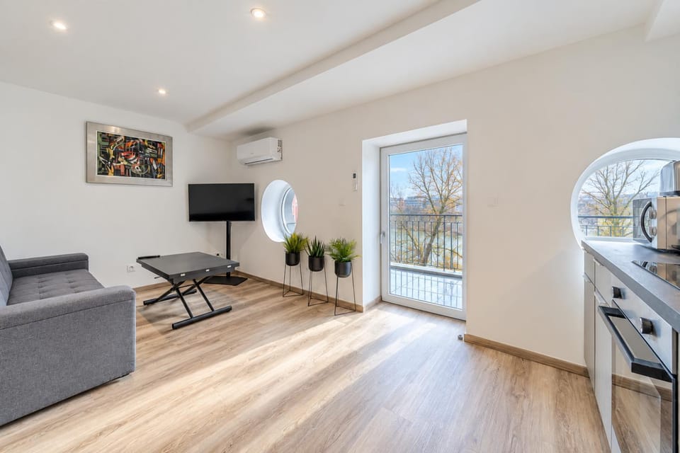 TV and multimedia, View (from property/room), Living room, Seating area, Landmark view, River view, air conditioner
