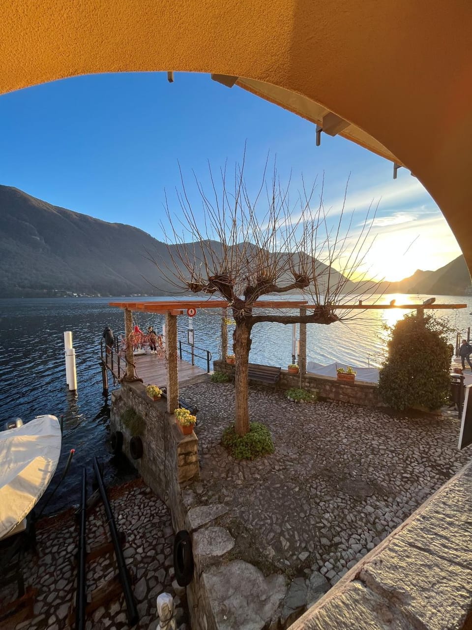 Property building, Nearby landmark, Natural landscape, Lake view, Sunset
