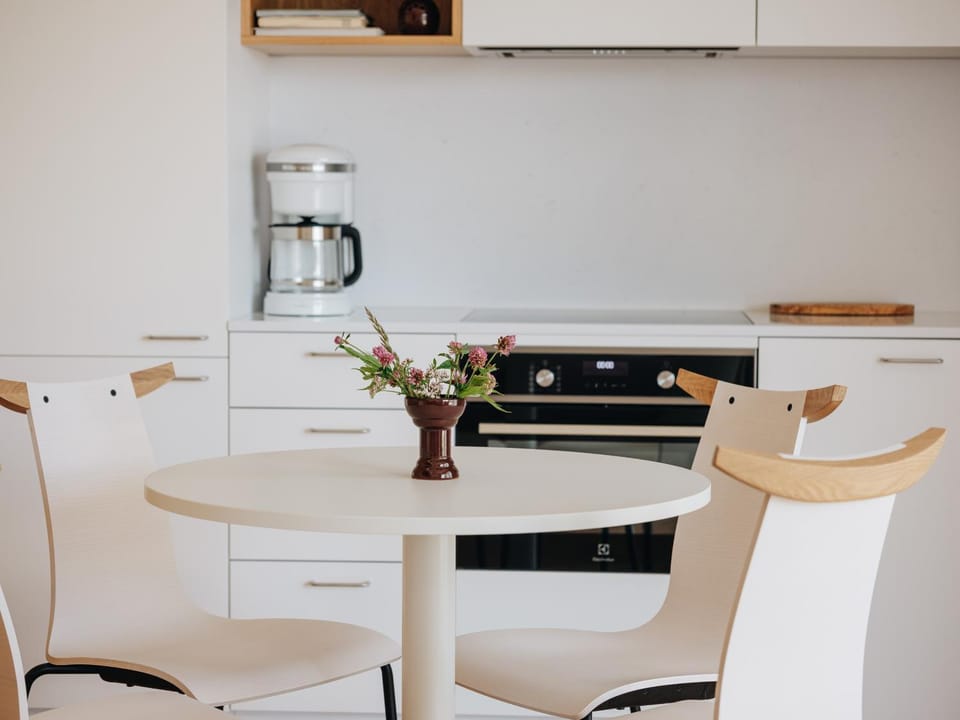 Kitchen or kitchenette, Living room, Seating area, Dining area, stove