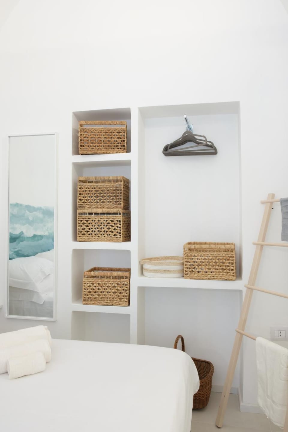 Bed, towels, wardrobe