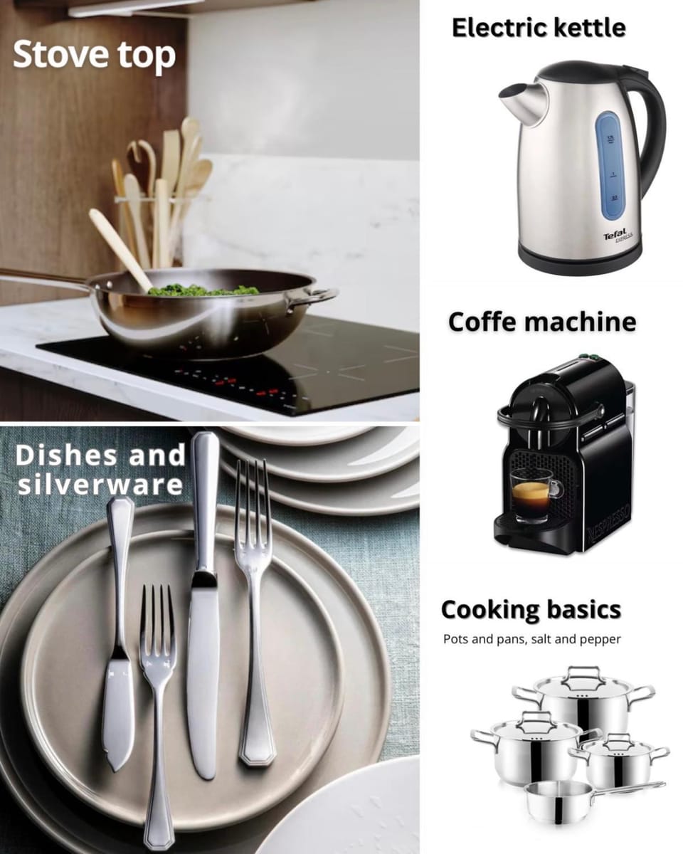 Coffee/tea facilities, Kitchen or kitchenette, Text overlay