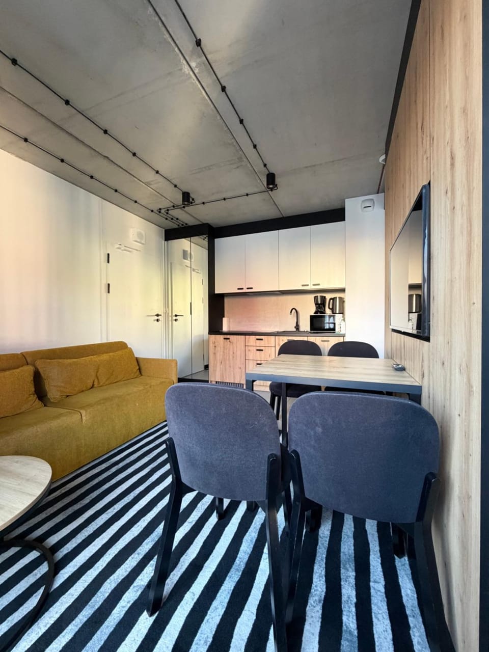 TV and multimedia, Kitchen or kitchenette, Living room, Photo of the whole room, Seating area, Dining area