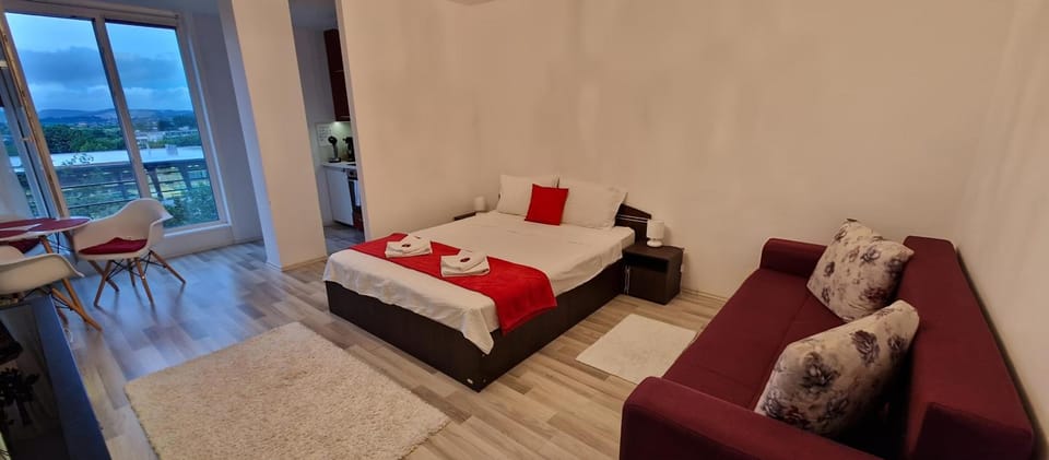 Bed, Kitchen or kitchenette, Living room, City view, towels
