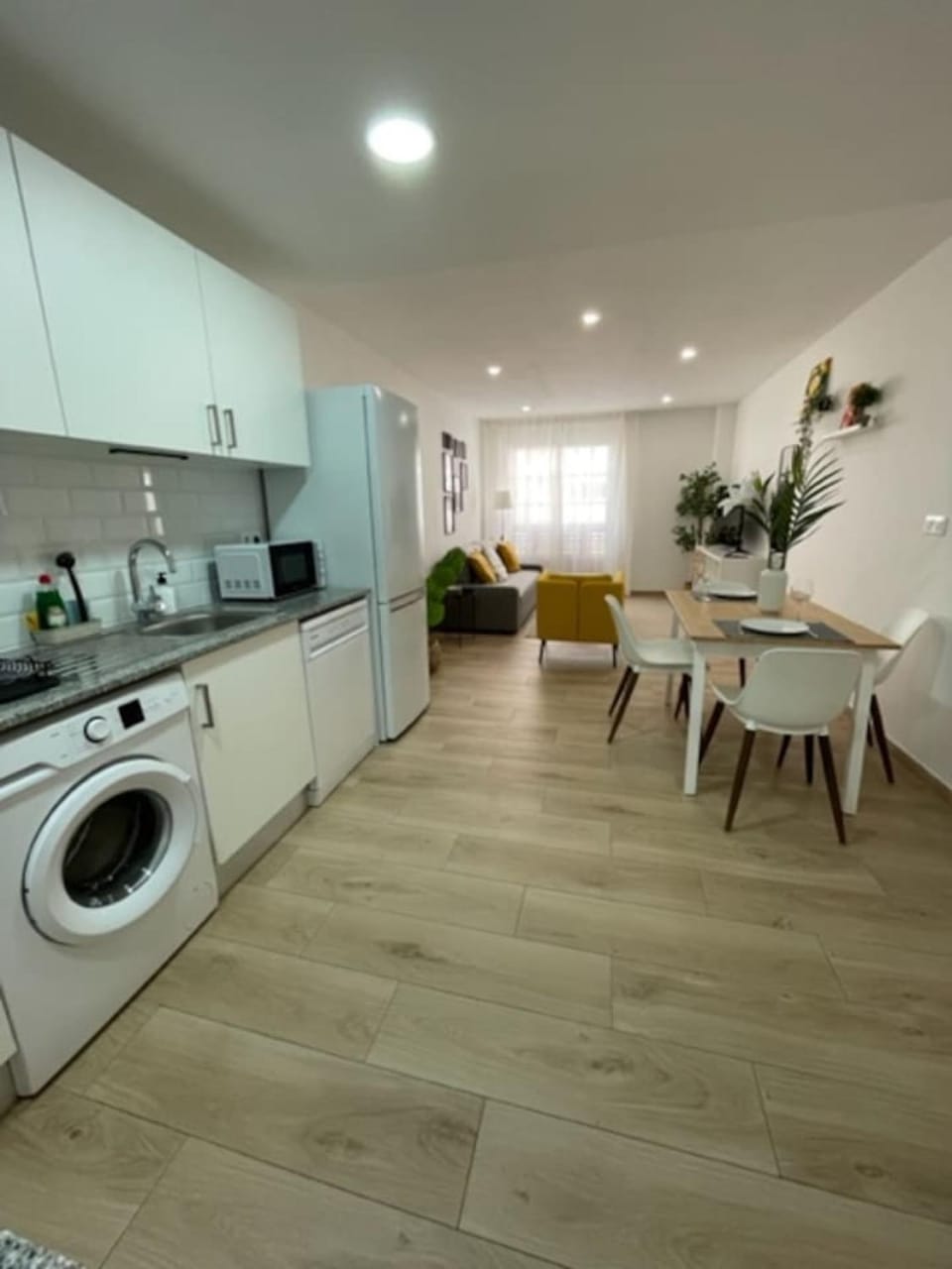 Kitchen or kitchenette, Living room, Dining area, dishwasher, washing machine