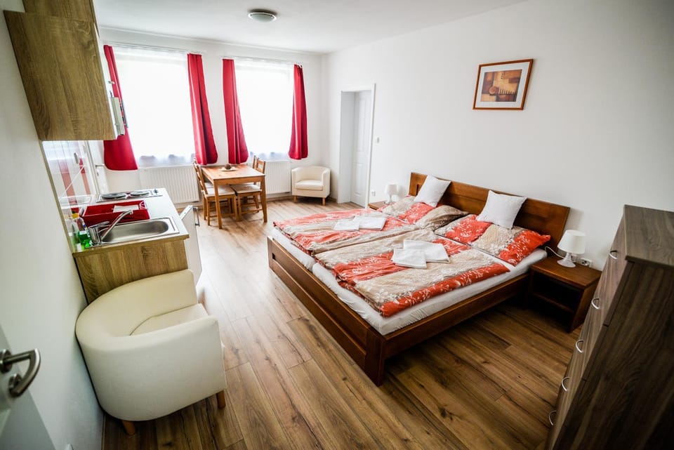 Kitchen or kitchenette, Living room, Seating area, Bedroom