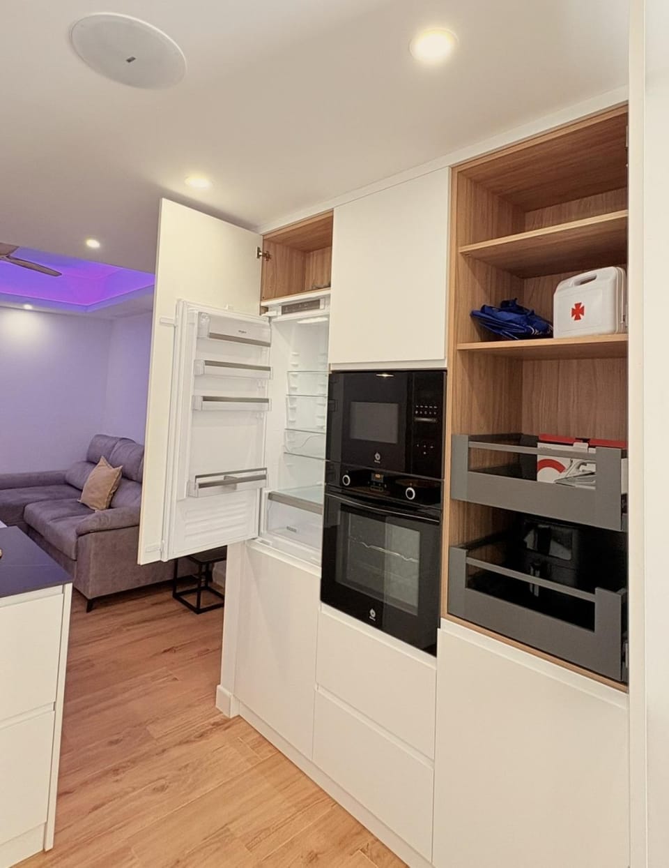 Kitchen or kitchenette, flat iron, microwave, oven
