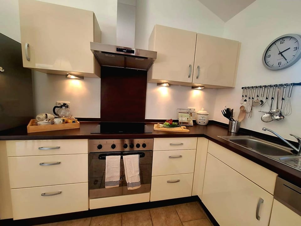 Kitchen or kitchenette, dishwasher, stove