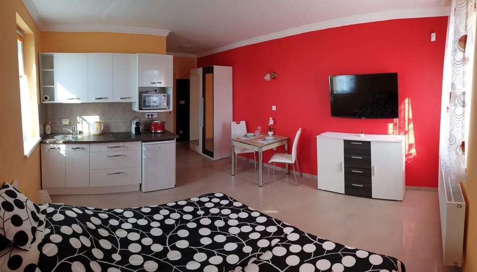 Bed, TV and multimedia, Kitchen or kitchenette, Living room, Photo of the whole room, Dining area, Bedroom