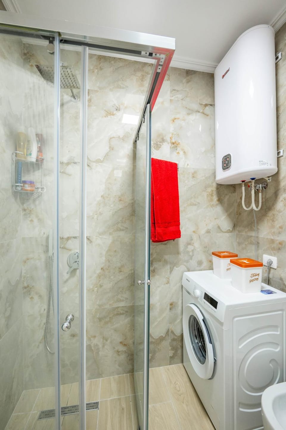 Shower, Bathroom, towels, washing machine, dryer