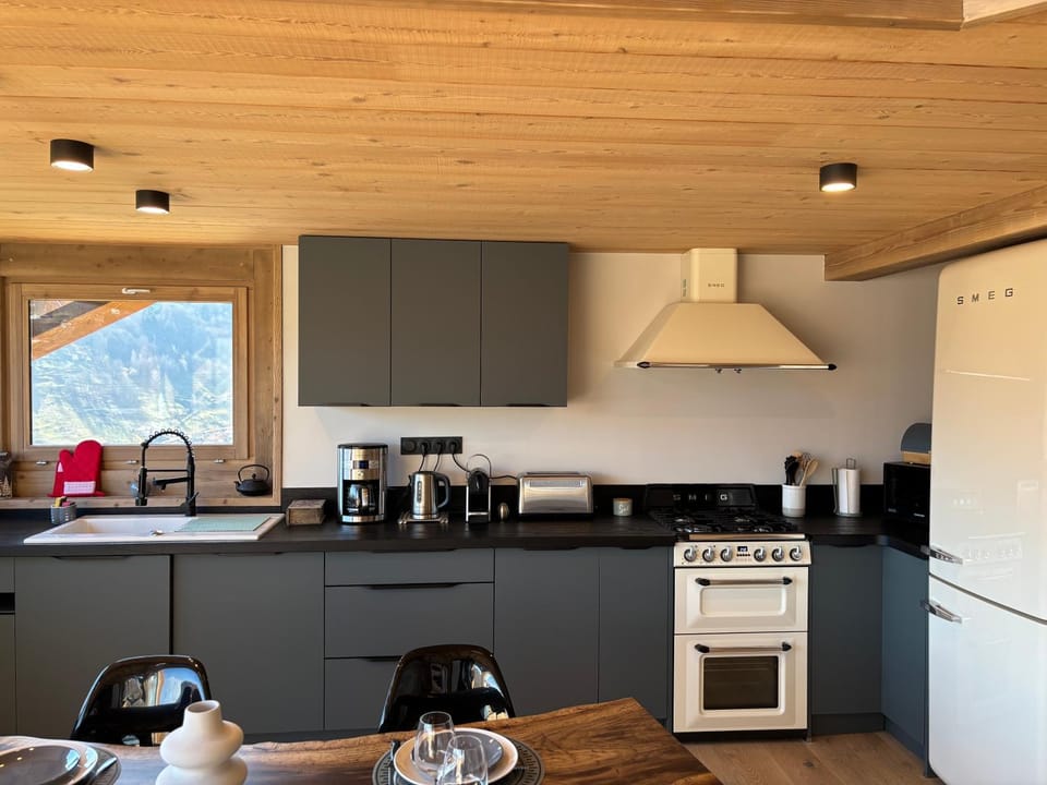 Kitchen or kitchenette, oven, stove, toaster