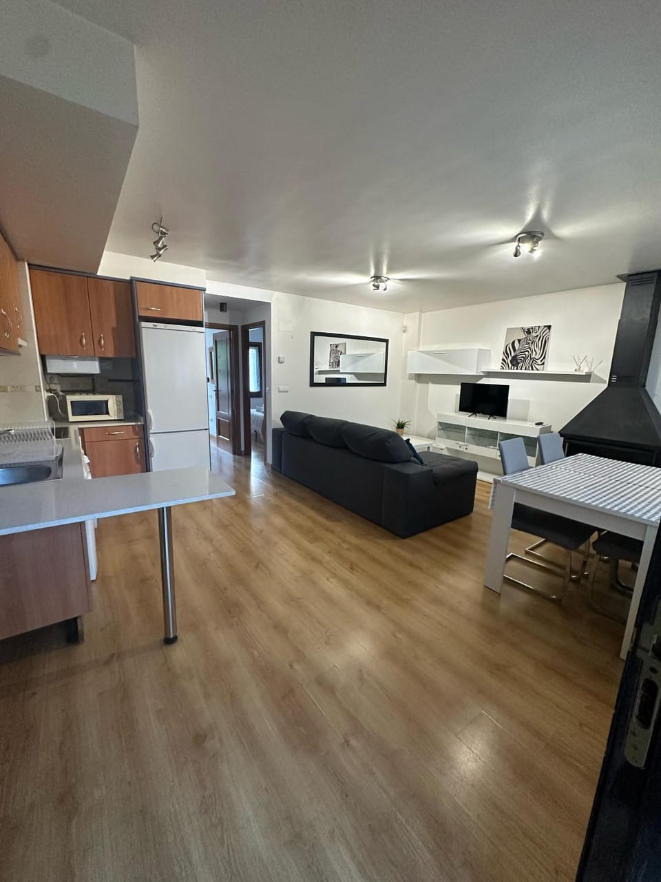 Kitchen or kitchenette, Living room, Dining area, fireplace