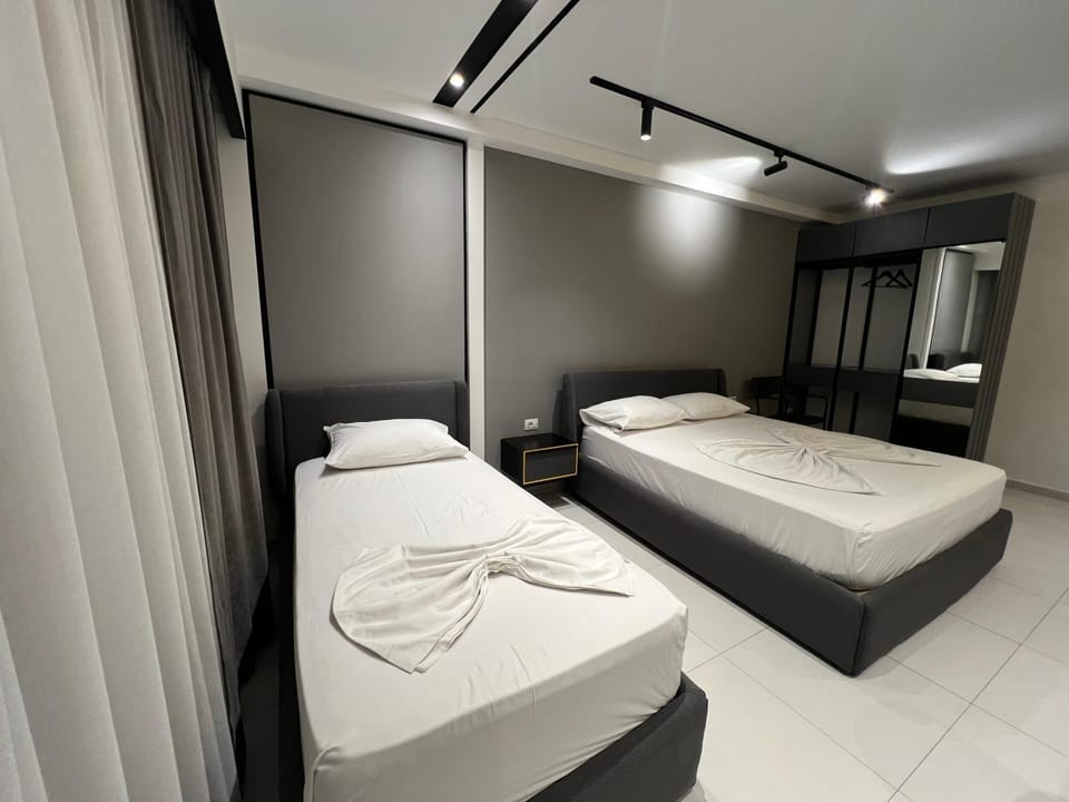 Bed, Photo of the whole room, Bedroom, towels, air conditioner