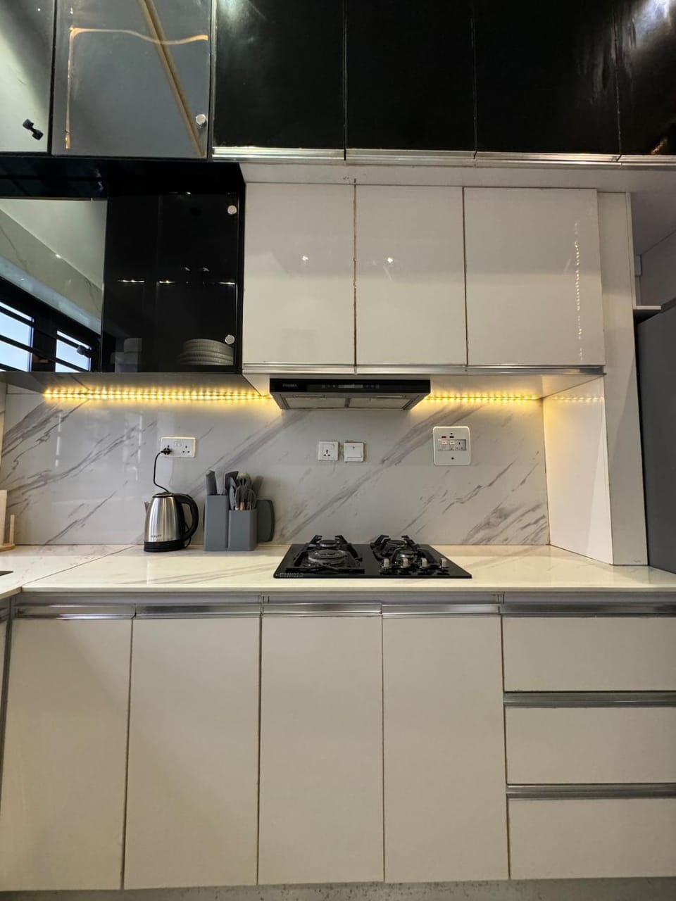 Kitchen or kitchenette, stove
