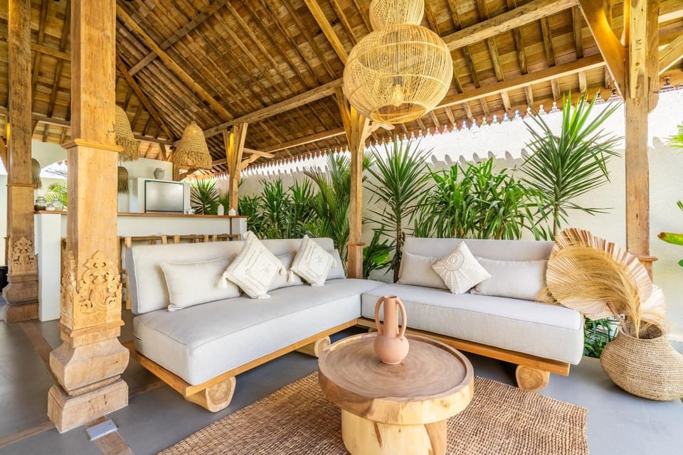 Living room, Seating area, Pool view