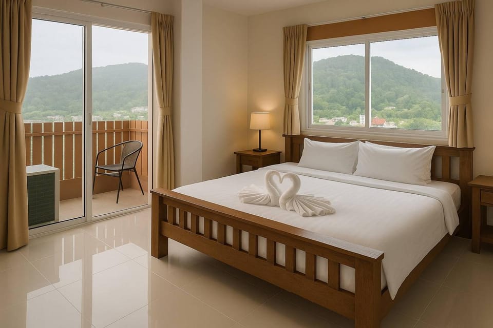 Bed, Mountain view, towels
