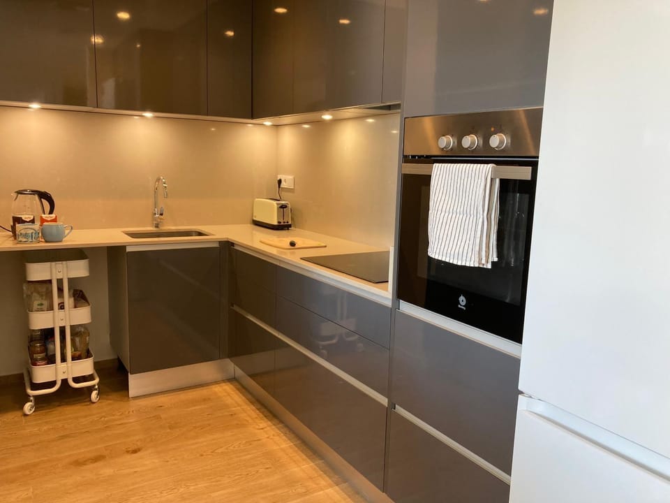 Kitchen or kitchenette, dishwasher, oven, stove