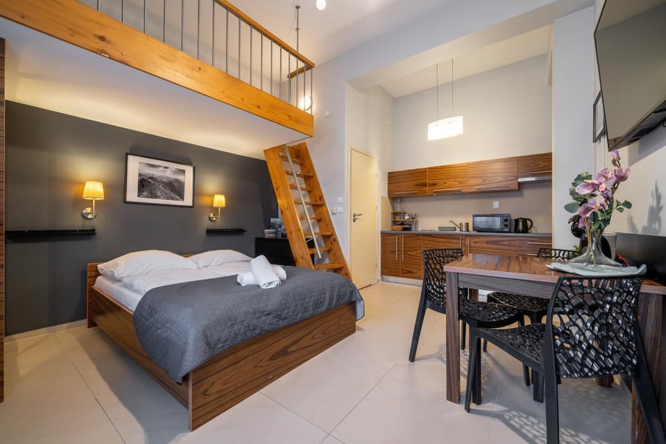 Bed, TV and multimedia, Kitchen or kitchenette, Photo of the whole room, Dining area, Bedroom