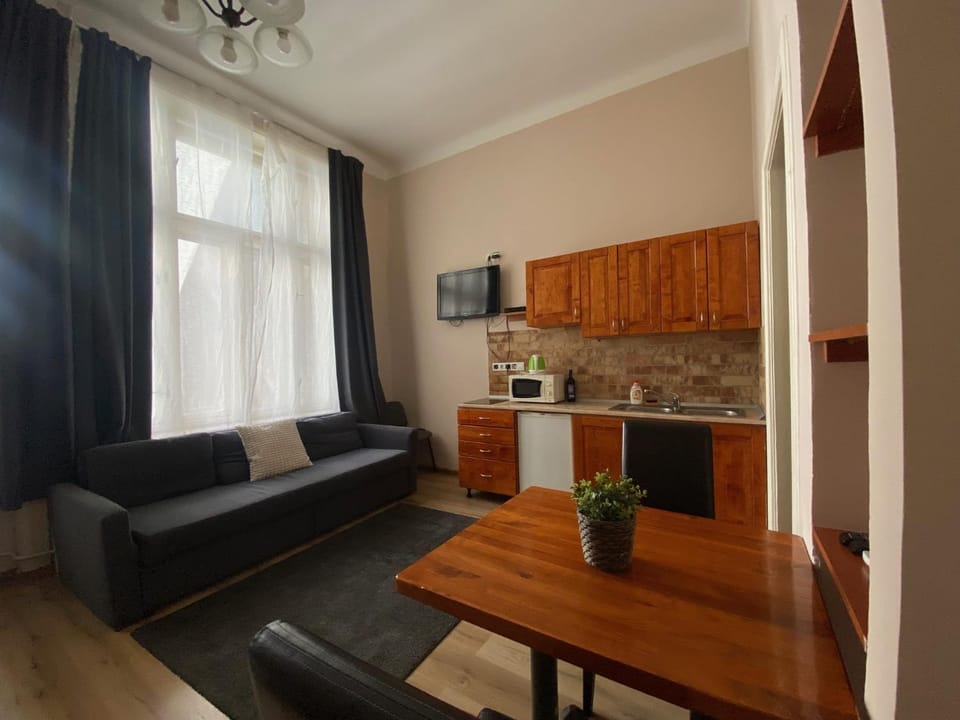Kitchen or kitchenette, Living room, Seating area, Dining area