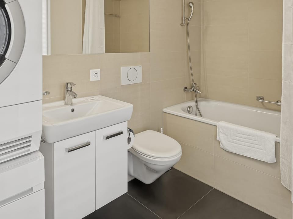 Shower, Toilet, Bathroom, Bath, towels, washing machine, dryer