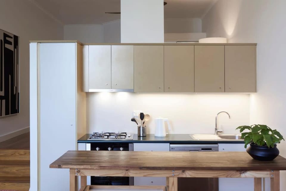 Kitchen or kitchenette, stove