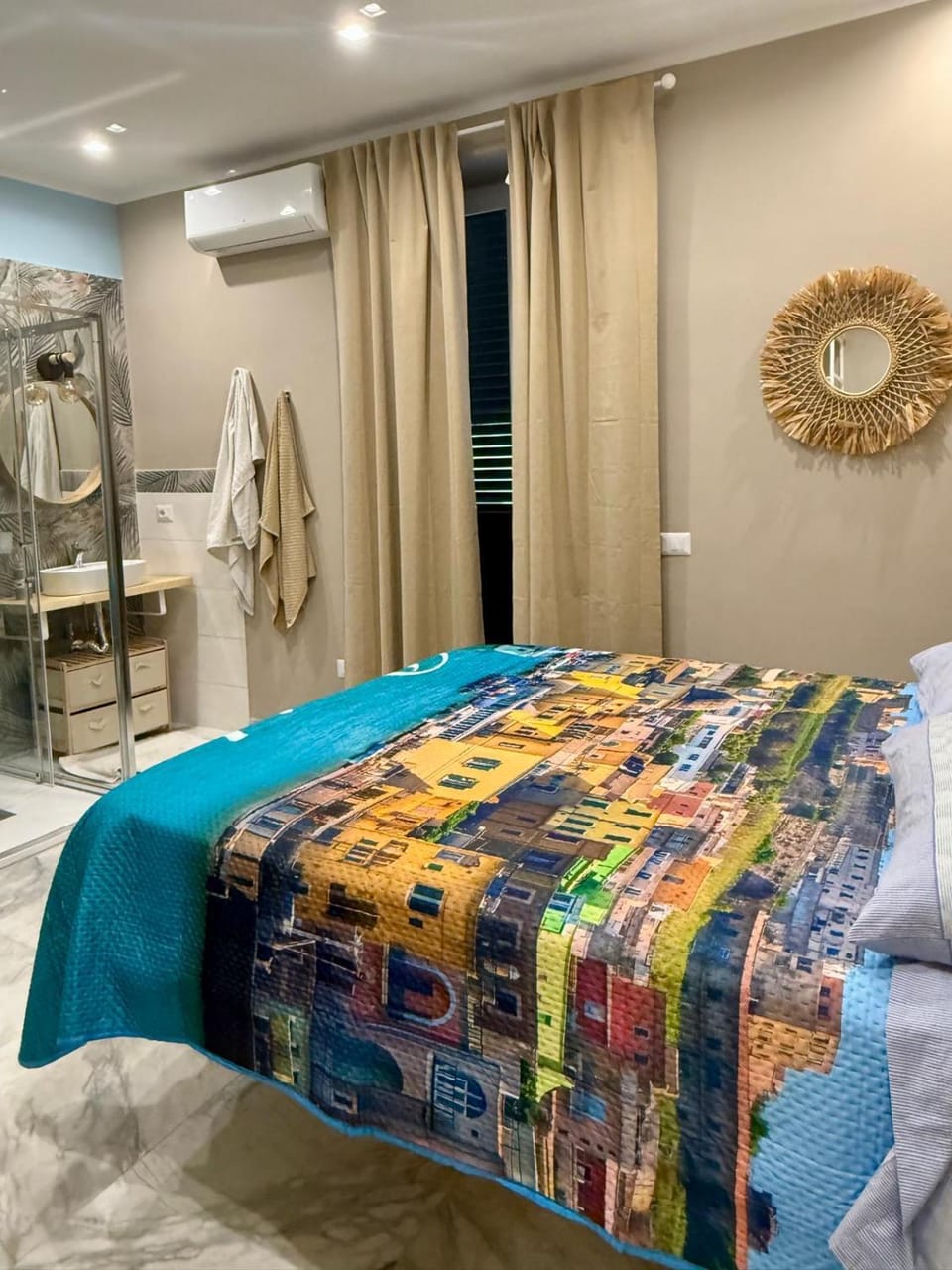 Bed, Photo of the whole room, Bedroom, towels, air conditioner