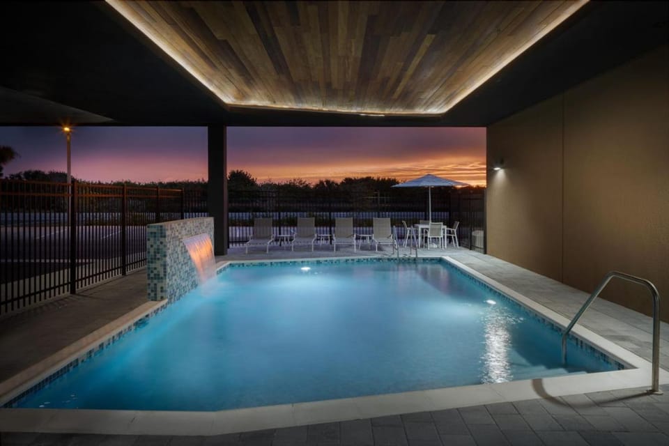 Natural landscape, Pool view, Swimming pool, Sunset, sunbed