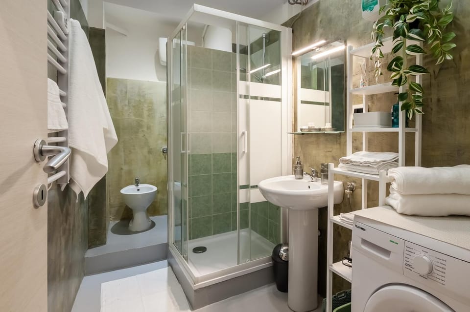 Shower, Toilet, Bathroom, bidet, towels, washing machine