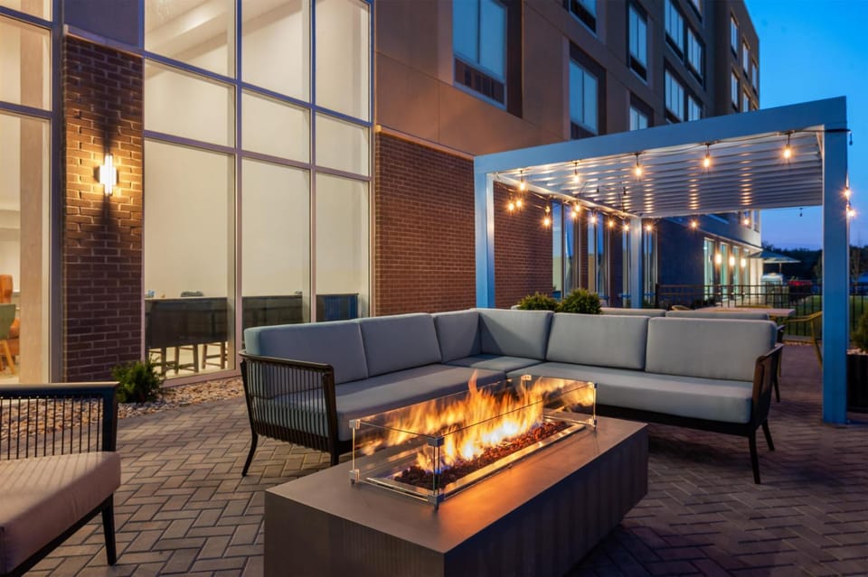 Patio, Night, Seating area, fireplace