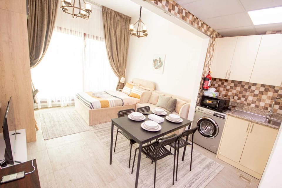 Bed, Seating area, Dining area, washing machine