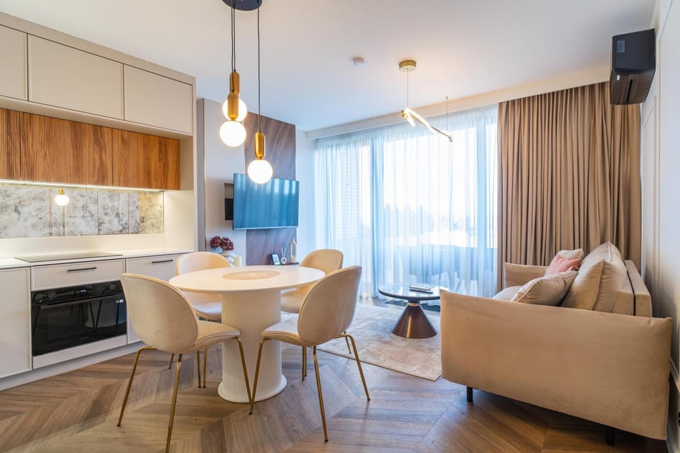 Kitchen or kitchenette, Living room, Seating area, Dining area, stove