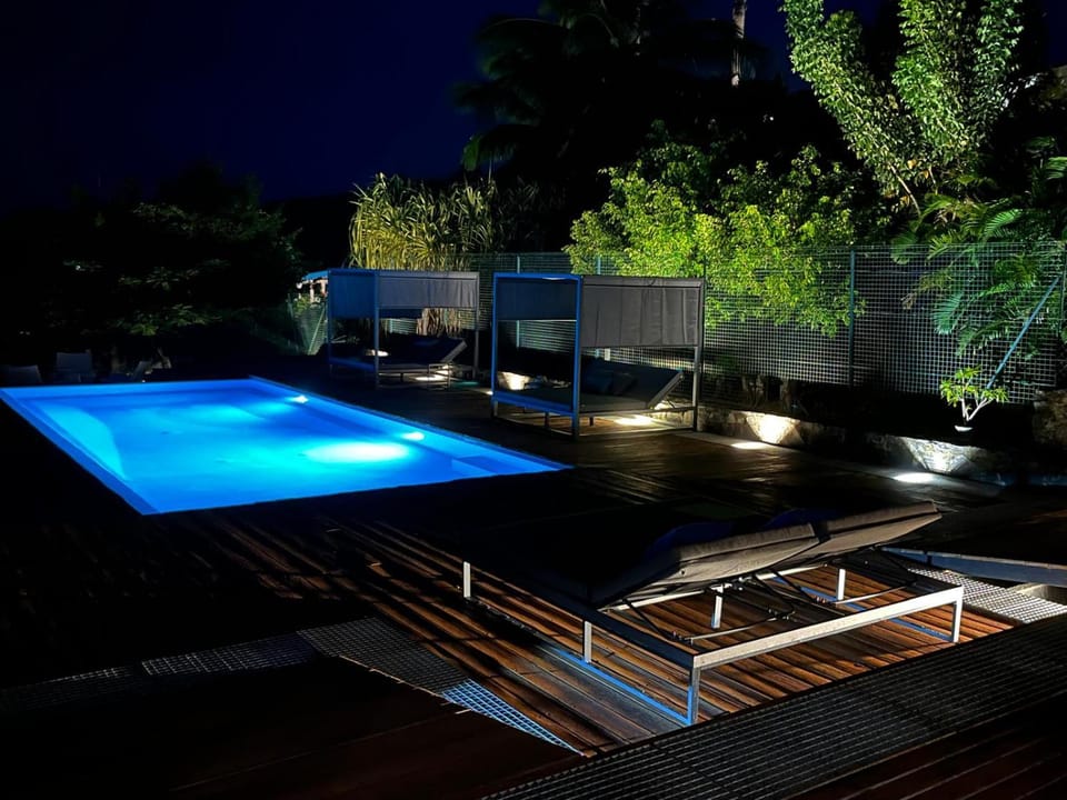 Night, Pool view, Swimming pool, sunbed